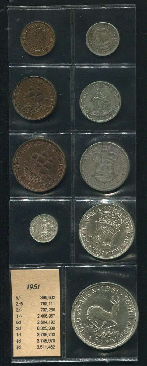 SA 1951 COINS IN ALBUM PAGE - 9 coins