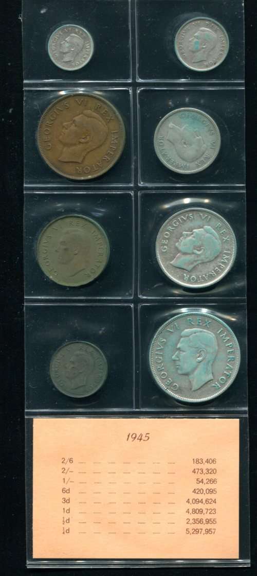 SA 1945 COINS IN ALBUM PAGE - 8 coins