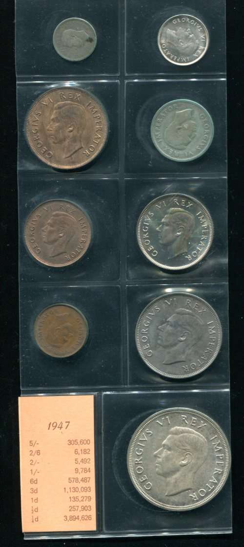 SA 1947 COINS IN ALBUM PAGE - 9 coins