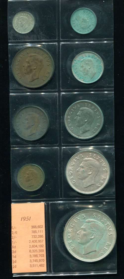 SA 1951 COINS IN ALBUM PAGE - 9 coins