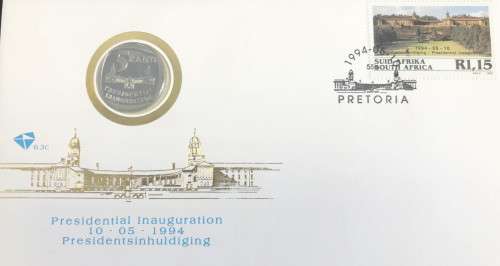 SOUTH AFRICA R5  COIN  on FDC- 1994 MANDELA PRESIDENTIAL INAUGURATION - NO STEP VARIETY