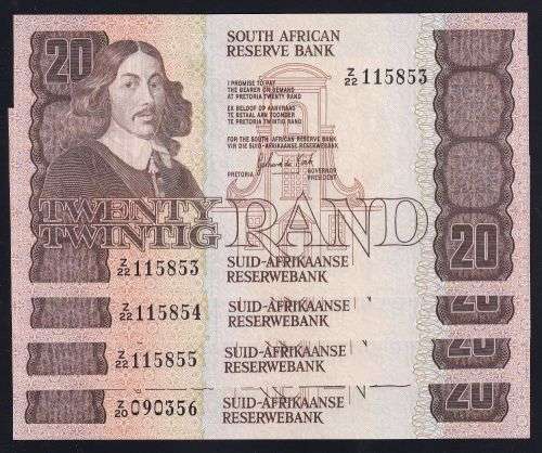 TWENTY RAND GPC DE KOCK REPLACEMENT UNC  BANKNOTES X 4 IN SERIES  - 3RD ISSUE 1989