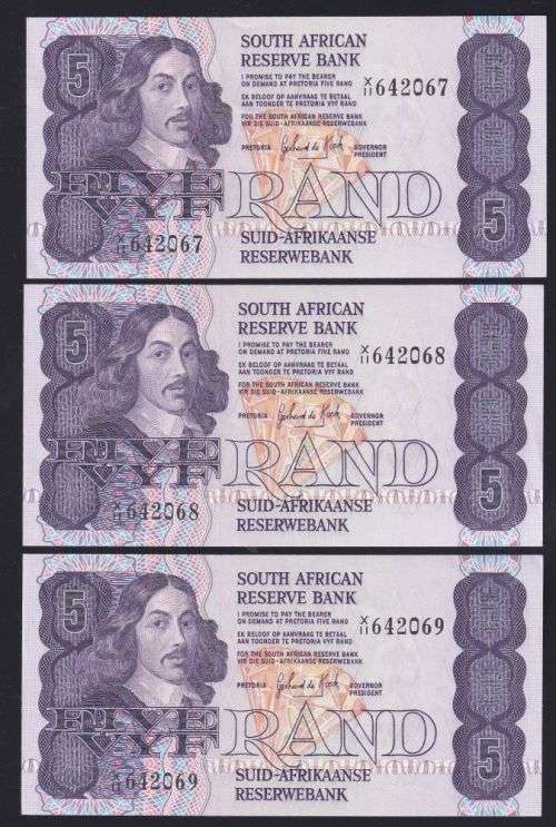 FIVE RAND GPC DE KOCK REPLACEMENT UNC  BANKNOTES X 3 IN SERIES  - 3RD ISSUE 1984
