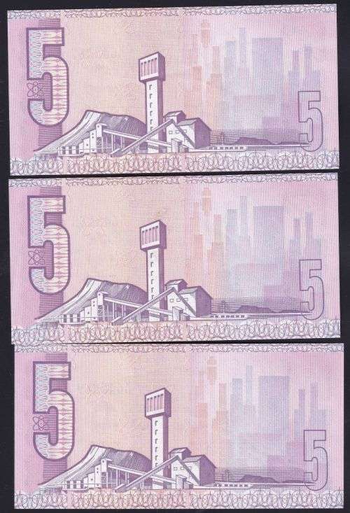 FIVE RAND GPC DE KOCK REPLACEMENT UNC  BANKNOTES X 3 IN SERIES  - 3RD ISSUE 1984
