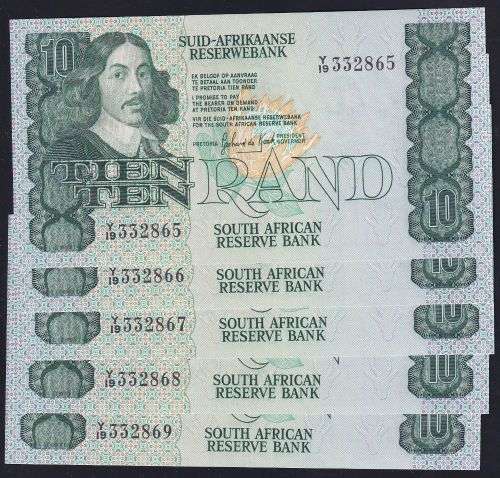 TEN RAND GPC DE KOCK REPLACEMENT UNC  BANKNOTES X 5 IN SERIES  - 3RD ISSUE 1984