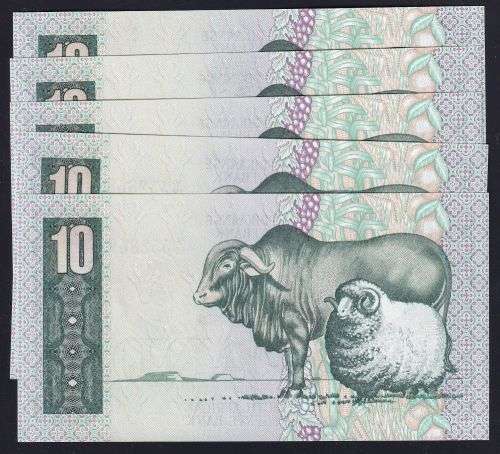 TEN RAND GPC DE KOCK REPLACEMENT UNC  BANKNOTES X 5 IN SERIES  - 3RD ISSUE 1984
