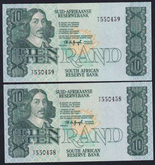 TEN RAND TW DE JONGH REPLACEMENT UNC  BANKNOTES X 2 IN SERIES  - 4TH ISSUE 1978