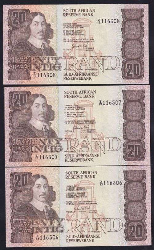 TWENTY RAND GPC DE KOCK REPLACEMENT UNC  BANKNOTES X 3 IN SERIES  - 3RD ISSUE 1984