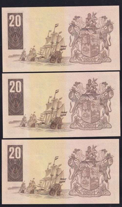 TWENTY RAND GPC DE KOCK REPLACEMENT UNC  BANKNOTES X 3 IN SERIES  - 3RD ISSUE 1984