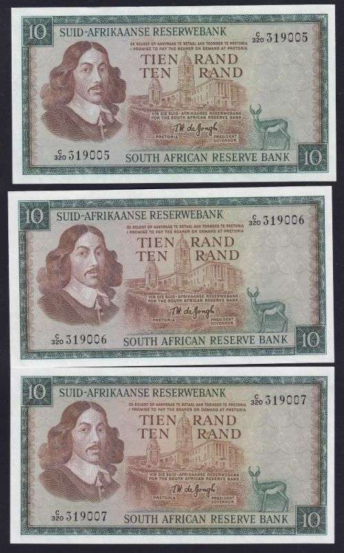 TEN RAND TW DE JONGH  UNC  BANKNOTES X 3 IN SERIES  - 3rd ISSUE 1975