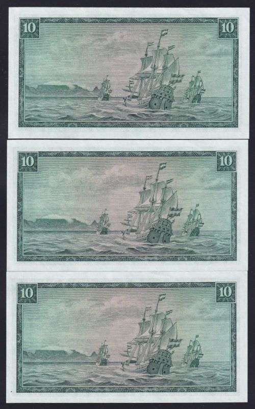 TEN RAND TW DE JONGH  UNC  BANKNOTES X 3 IN SERIES  - 3rd ISSUE 1975