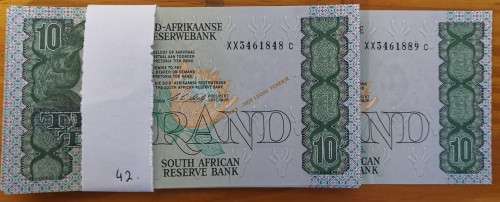 TEN RAND STALS REPLACEMENT UNC  BANKNOTES X 42 IN SERIES XX  - 1ST ISSUE 1990