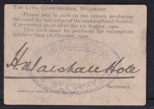 MARSHALL HOLE 3d CURRENCY CARD - BOER WAR - SCARCE!