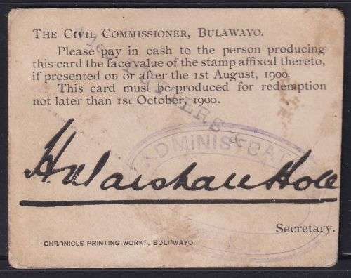 MARSHALL HOLE SMALL 6d CURRENCY CARD - BOER WAR - SCARCE!