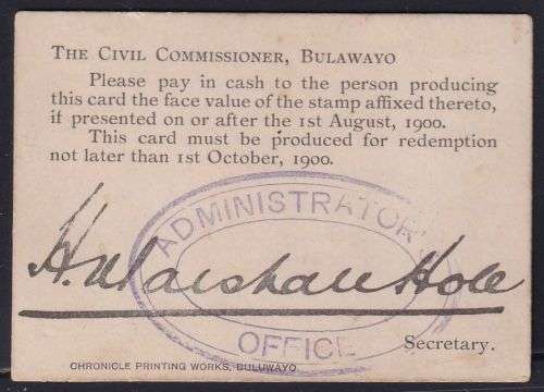 MARSHALL HOLE LARGE  6d CURRENCY CARD - BOER WAR - SCARCE!