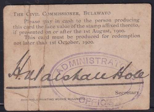 MARSHALL HOLE 1/  CURRENCY CARD - BOER WAR - SCARCE!