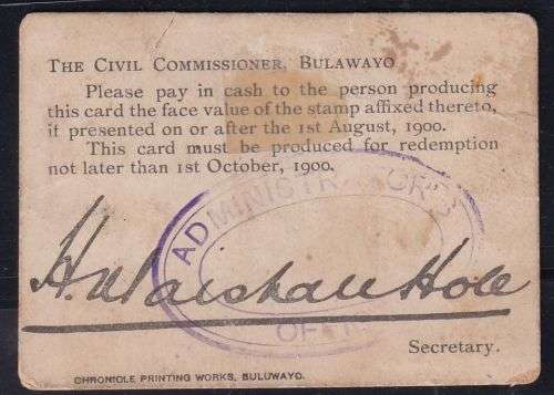 MARSHALL HOLE 2/  CURRENCY CARD - BOER WAR - SCARCE!