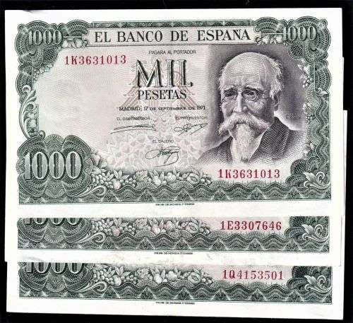 SPAIN 1974 - 1000 PESATAS x 3 notes -  COMMEMORATIVE ISSUE-CENTENNIAL OF THE BANCO de ESPANACO