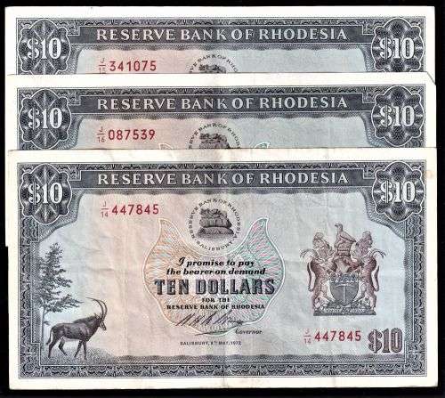 RHODESIA BANKNOTE  COLLECTION X 3 NOTES - RHODES WATERMARK - $10