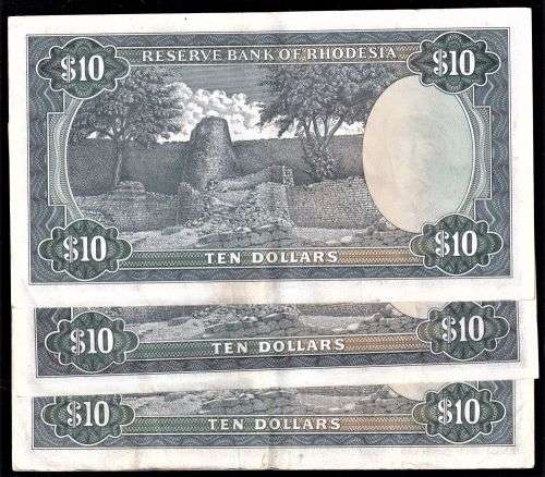 RHODESIA BANKNOTE  COLLECTION X 3 NOTES - RHODES WATERMARK - $10