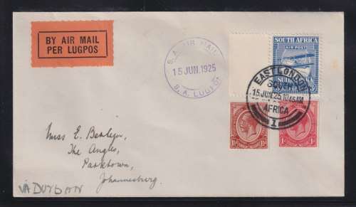 SA 1925 SUPERB AIRMAIL COVER WITH KINGSHEAD COILS - EAST LONDON-JOBURG.