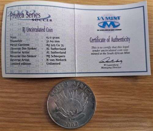 RSA 2002 SOCCER UNCIRCULATED SILVER RAND - SCARCE!