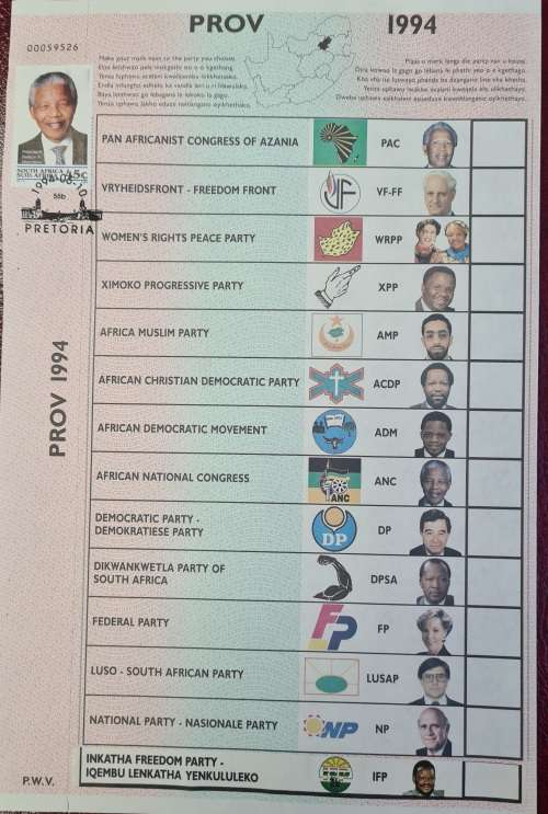 1994 BALLOT PAPER -PWV- WITH INAUGURATION STAMP & IFP STICKER
