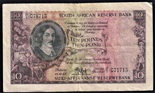 UNION M H DE KOCK BANKNOTE  -   TEN POUND NOTE - 18 DECEMBER 1952