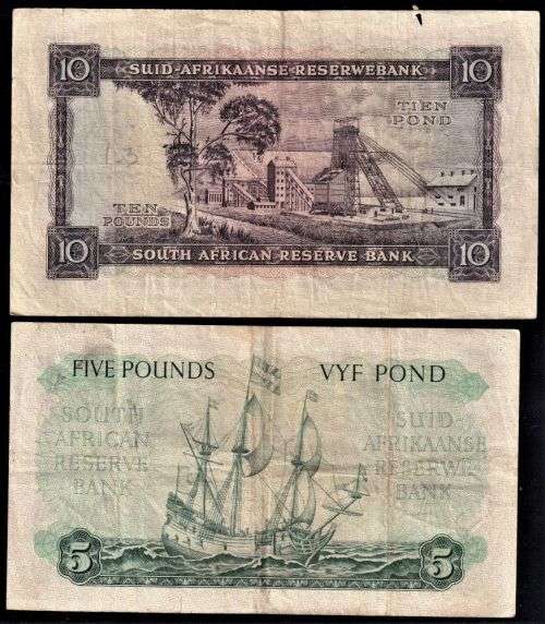 UNION M H DE KOCK BANKNOTE COLLECTION X 2 NOTES -TEN POUNDS(1955) & FIVE POUNDS(1954)