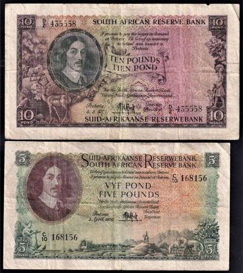 UNION M H DE KOCK BANKNOTE COLLECTION X 2 NOTES -TEN POUNDS(1953) & FIVE POUNDS(1950)