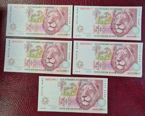 MBOWENI 1st ISSUE R50 x 5 BANKNOTES MAINLY IN NUMERICAL ORDER -UNC