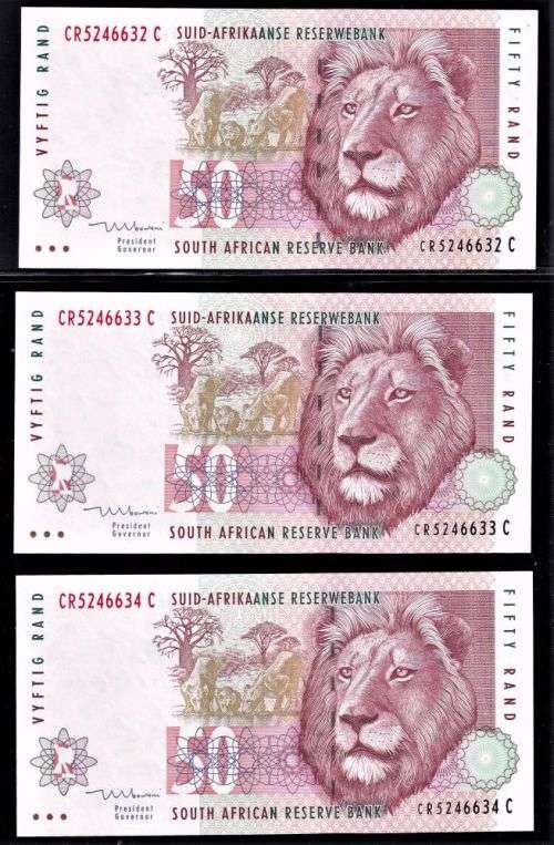 MBOWENI 1st ISSUE R50 x 3 BANKNOTES IN NUMERICAL ORDER -UNC