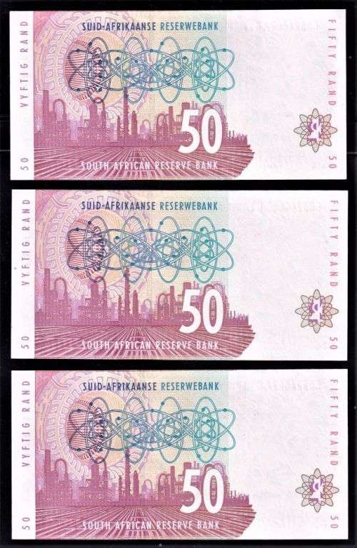 MBOWENI 1st ISSUE R50 x 3 BANKNOTES IN NUMERICAL ORDER -UNC