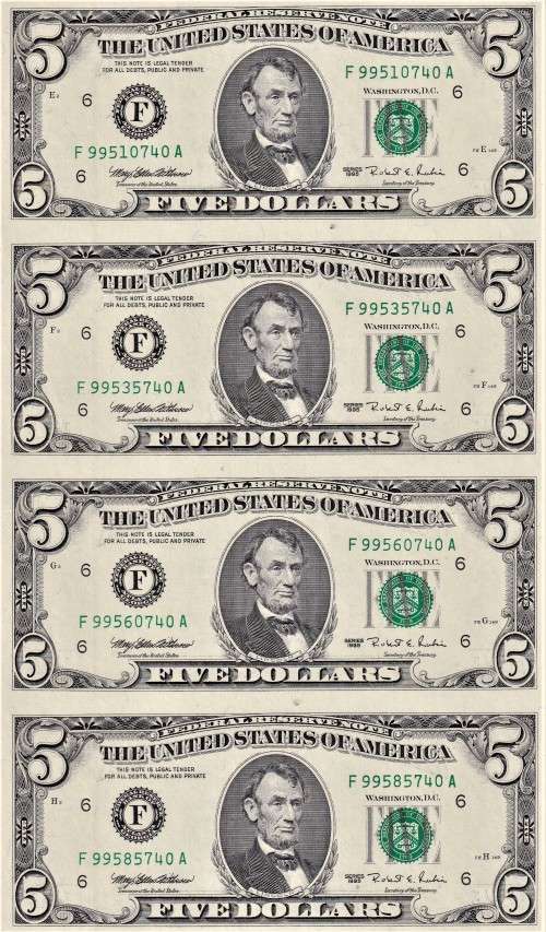 USA "BLACK ANGUS" UNCUT LINCOLN $5 BANKNOTES WITH CERT IN FOLDER