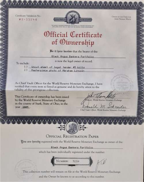 USA "BLACK ANGUS" UNCUT LINCOLN $5 BANKNOTES WITH CERT IN FOLDER