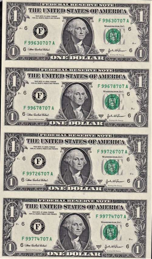 USA "BLACK ANGUS" UNCUT WASHINGTON  $1 BANKNOTES WITH CERT IN FOLDER