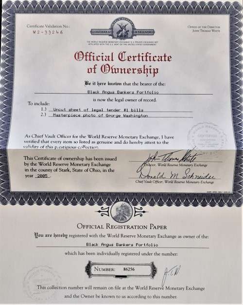 USA "BLACK ANGUS" UNCUT WASHINGTON  $1 BANKNOTES WITH CERT IN FOLDER