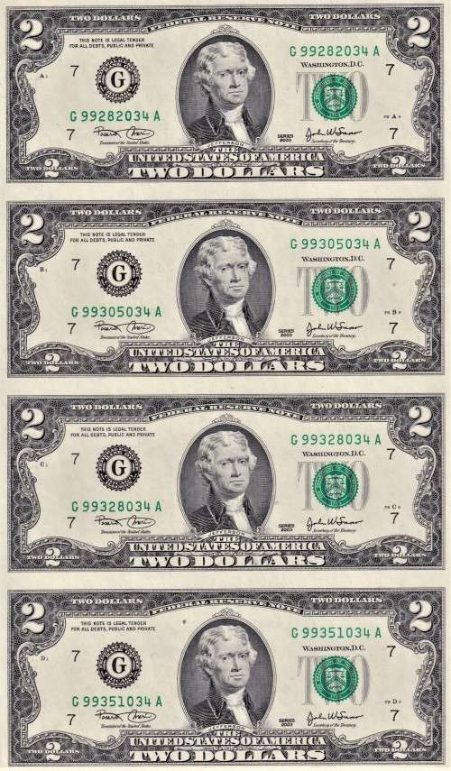 USA "BLACK ANGUS" UNCUT JEFFERSON   $2 BANKNOTES WITH CERT IN FOLDER