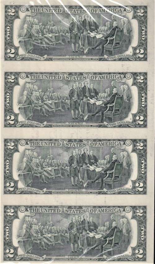 USA "BLACK ANGUS" UNCUT JEFFERSON   $2 BANKNOTES WITH CERT IN FOLDER