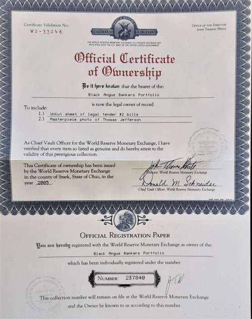 USA "BLACK ANGUS" UNCUT JEFFERSON   $2 BANKNOTES WITH CERT IN FOLDER