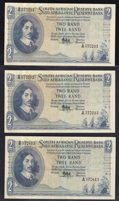 MH DE KOCK TWO RAND - 3 NOTES IN SEQUENCE A UNC  - 1961 -  4TH ISSUE