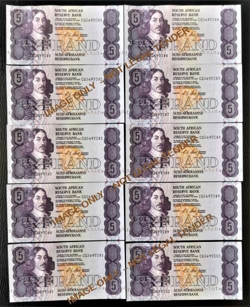 RSA FIVE RAND UNC BANKNOTES x 10 IN SERIES - CL STALS