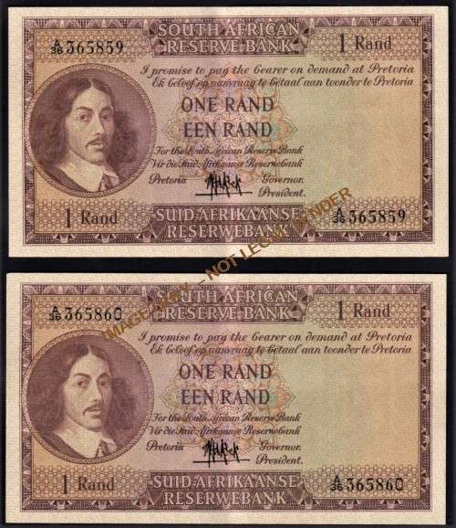 REPUBLIC ONE RAND BANKNOTES - 2 IN SEQUENCE - MH DE KOCK 1961