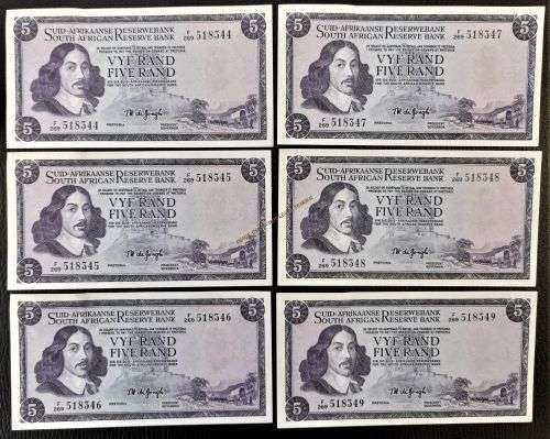 FIVE  RAND TW DE JONGH   A UNC  BANKNOTES - 6 IN SERIES-  3RD ISSUE 1975