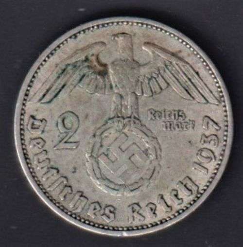 GERMAN THIRD REICH  - 2 REICHSMARK  SILVER COIN -1937
