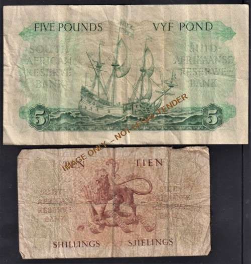 UNION M H DE KOCK BANKNOTES - TEN SHILLINGS 1948 & FIVE POUNDS 1957