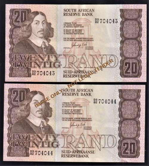 TWENTY RAND GPC DE KOCK  BANKNOTES X2 IN SERIES  -3rd ISSUE 1984