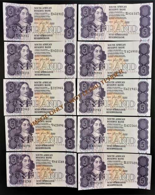 FIVE RAND GPC DE KOCK  BANKNOTES X 10