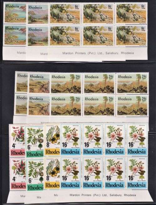 RHODESIA  ARTISTS, TREES & BIRDS IN INSCRIPTIONAL BLOCKS UM