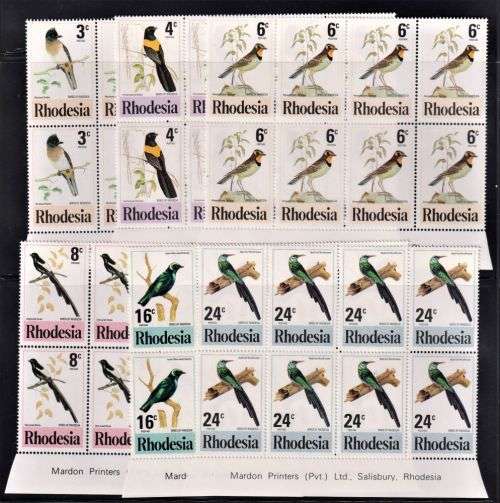RHODESIA  ARTISTS, TREES & BIRDS IN INSCRIPTIONAL BLOCKS UM
